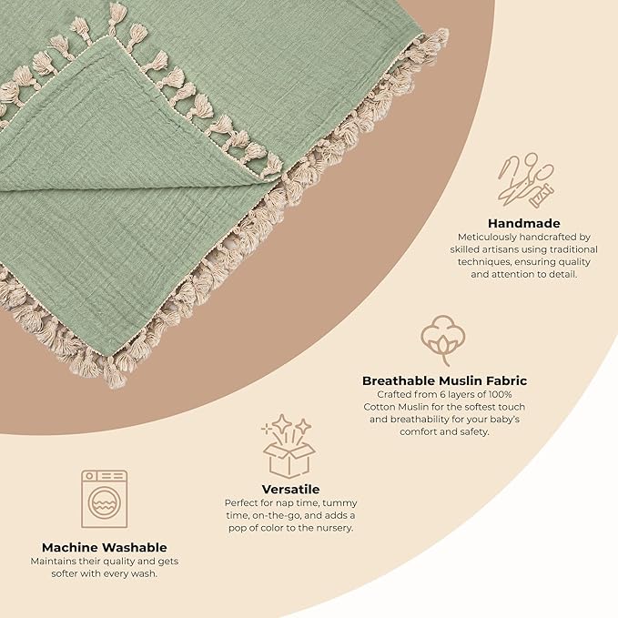 Crane Baby Muslin Swaddle Blanket, Soft Cotton Lightweight Nursery and Stroller Blanket for Baby Boys & Girls, Evergreen, 30" x 40"