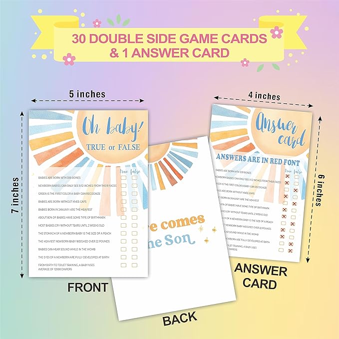 Oh Baby! True Or False - Retro Sunshine Baby Shower Game Set - 30 Game Cards + 1 Answer Cards -Watercolor Sun Theme Baby Shower Game Kit, Gender Reveal, Party Favor & Supplies - A04