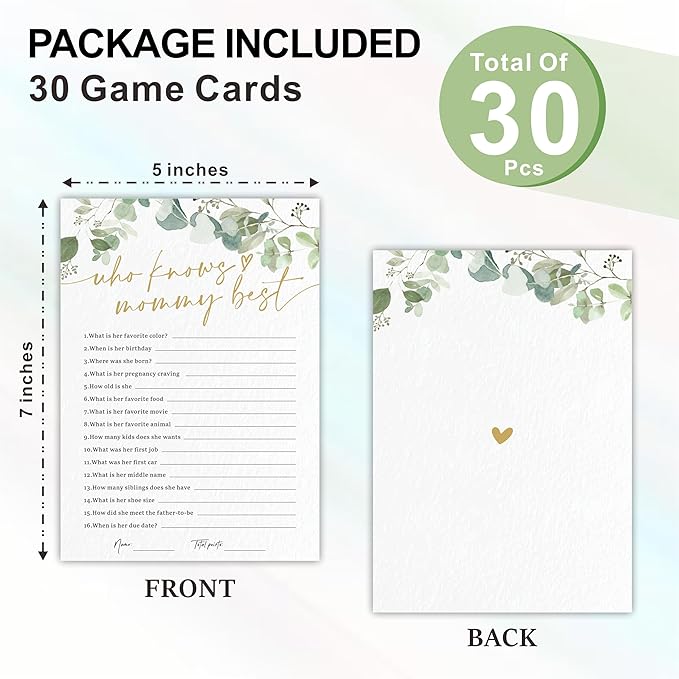 Who Knows Mommy Best Baby Shower Game Cards - Golden Greenery - 30 Double-Sided Fill In Style Game Cards For Gender Reveal, Baby Announcement, Party Games & Activity - D07