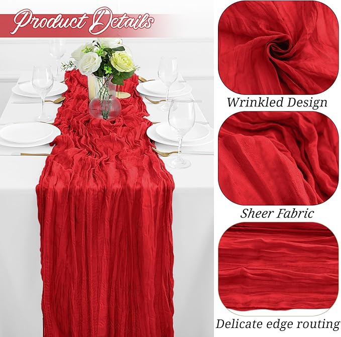 12Pack Red Table Runner 35 x 120 inch Cheesecloth Table Runner 10FT Boho Table Runners Rustic Gauze Cheese Cloth Table Runners for Party Wedding Birthday Dining Bridal Shower Baby Shower Decor