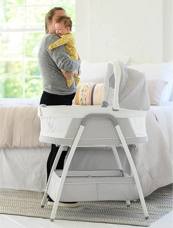 Journey 2-in-1 Convertible Infant Bassinet, Classic Design Baby Crib Sleeper with Storage, Comforting Vibrations, Soothing Lullabies, and Nature Noises (Soft Grey)