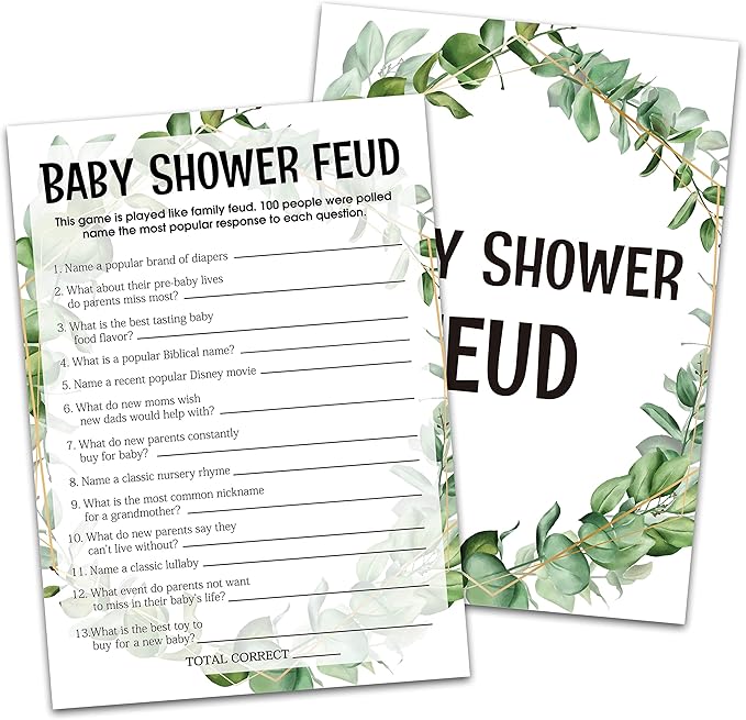 Baby Shower Game Cards, Baby Shower Feud Game, Tropical Jungle Theme Party Cards for Gender Neutral Boys or Girls, Set of 30 (Green004)