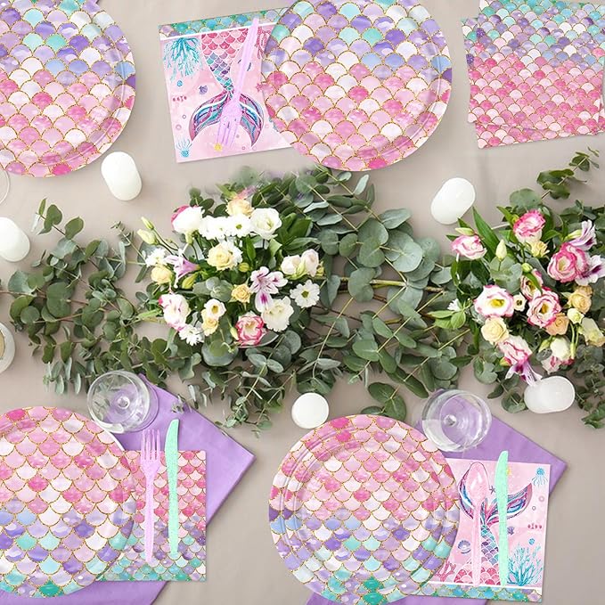 168Pcs Mermaid Birthday Decorations Mermaid Party Supplies Includes Plates, Napkins, Cups, Cutlery for Girls Baby Shower Ocean Birthday Party Decorations, Serves 24