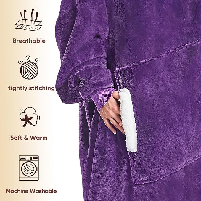yescool Wearable Blanket Hoodie - birthday gifts for Adults/Women/mom, Flannel Cozy Sherpa Fleece Blanket Sweatshirt with Hood, Pocket & Sleeves, Large, One Size Fits All (Deep Purple)