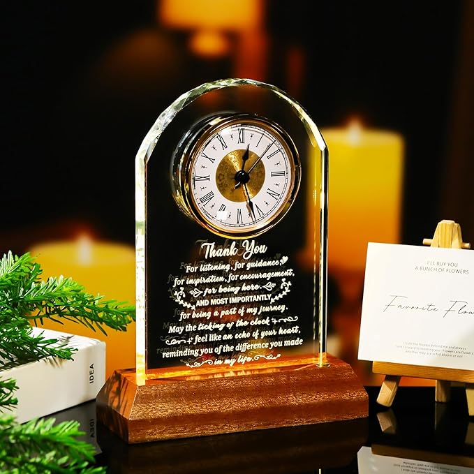 Thank You Gifts for Women Men, Appreciation Clock Gift for Coworkers Friends Teachers with Wooden Light Base, Inspirational Presents for Family Office Desk Clock Decor