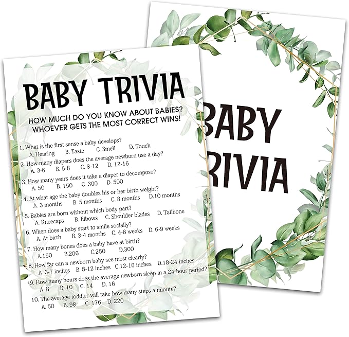 Baby Shower Game Cards, Baby Trivia Game, Tropical Jungle Theme Party Cards for Gender Neutral Boys or Girls, Set of 30 (Green002)