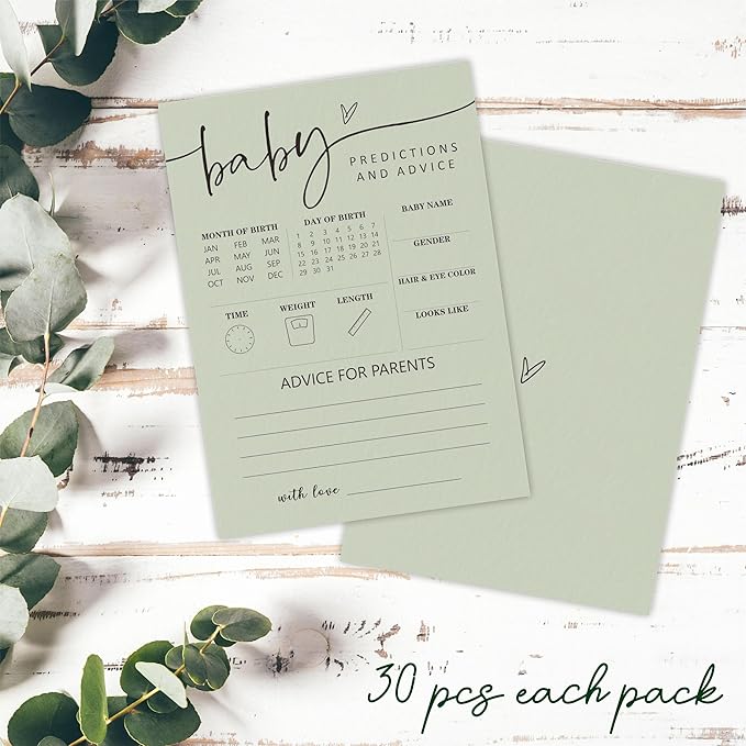 Sage Green Baby Shower Game Cards, Advice & Predictions, Double-Sided Design, 30 Gender Neutral Game Cards For Baby Shower Party, Baby Announcement, Advice For The Parents, Party Favor & Decor - C02