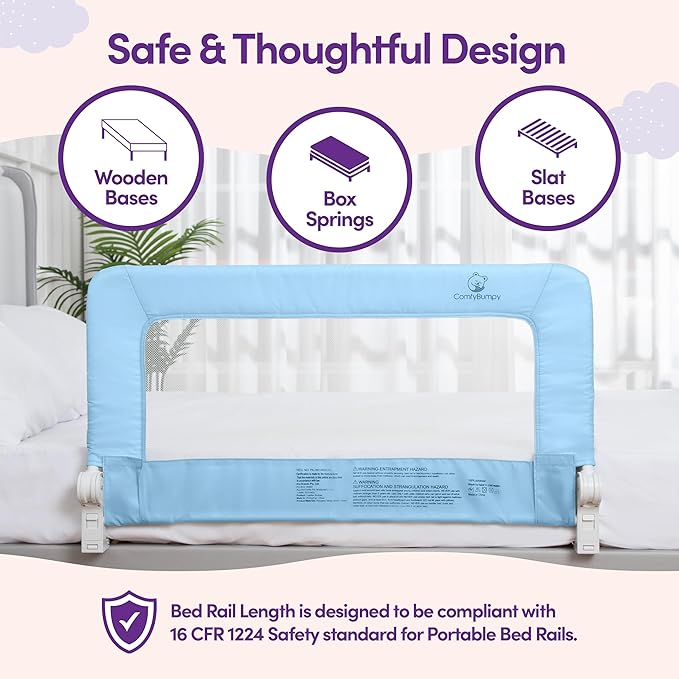 ComfyBumpy 1-Pack Bed Rail for Toddlers 35.5" L x 19.5" H | Toddler Bed Rails for Twin, Full & Toddler Bed Size | Swing Down Bed Rail Guard | Baby Bed Side Rail for Kids | Blue