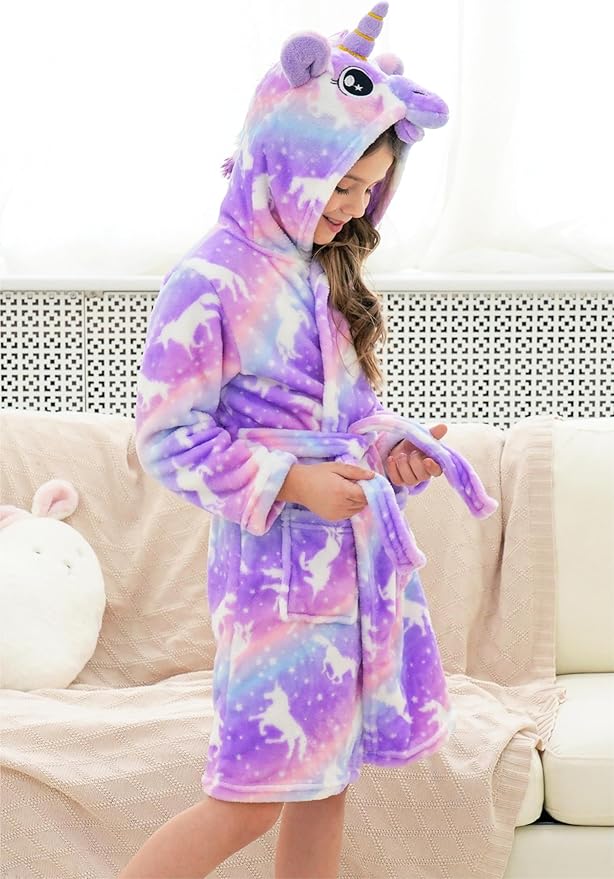 Doctor Unicorn Girls Fleece Hooded Robe Toddler Warm Fuzzy Bathrobe
