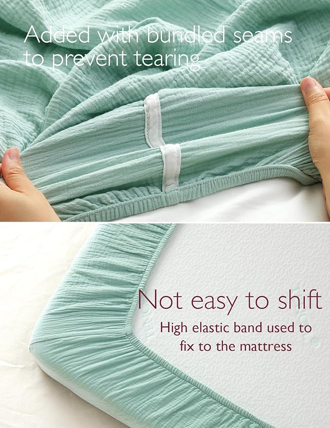 Momcozy Muslin Fitted Mini Crib Sheets, 38"x26", 2 Pack Soft Breathable Natural Cotton Baby Mattress Sheet, 360° Mattress Wrapping No Slip Boys Girls Neutral Toddler Bed Sheet, Grey Green