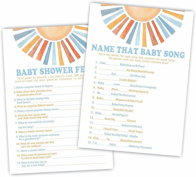 Baby Shower Feud & Name That Baby Song Theme Baby Shower Game Activities-Game Cards For Boys & Girls-30 Retro Sunshine Game Cards & 1 Answer Card-Baby Shower Party Supplies & Decorations-A05