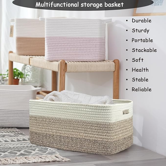 COMFY-HOMI 2 pcs Large Storage Baskets for Shelves, Laundry Basket, Woven Rope Basket, Closet Organizer Bins for Clothes Blanket Towels, Baby Nursery, Gift Toy Baskets, 17” x 13” x 7.5”-White/3 Brown