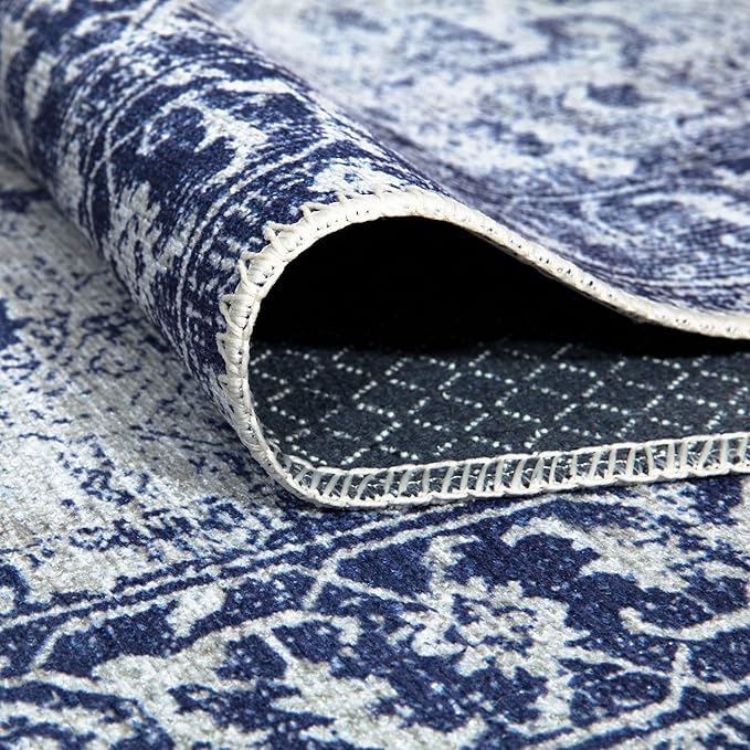 Bloom Rugs Washable Non-Slip 7 ft Runner - Blue/Ivory Traditional Runner for Entryway, Hallway, Bathroom, and Kitchen - Exact Size: 2.5' x 7'
