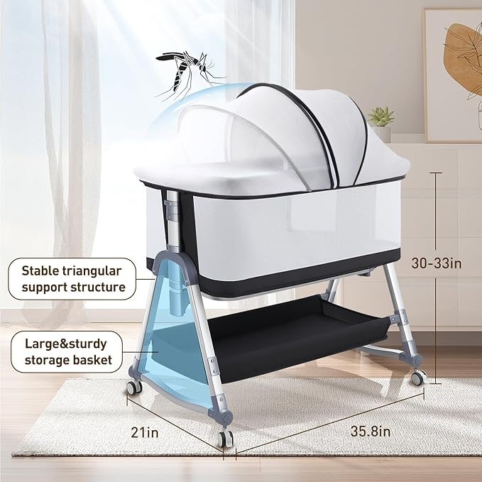 4 in 1 Bedside Bassinet for Baby, Portable Baby Bassinet with Wheels, Baby Crib with Changing Station, Mattress Included and Storage, Foldable Travel Bassinet for Baby/Infant/Newborn - Mesh