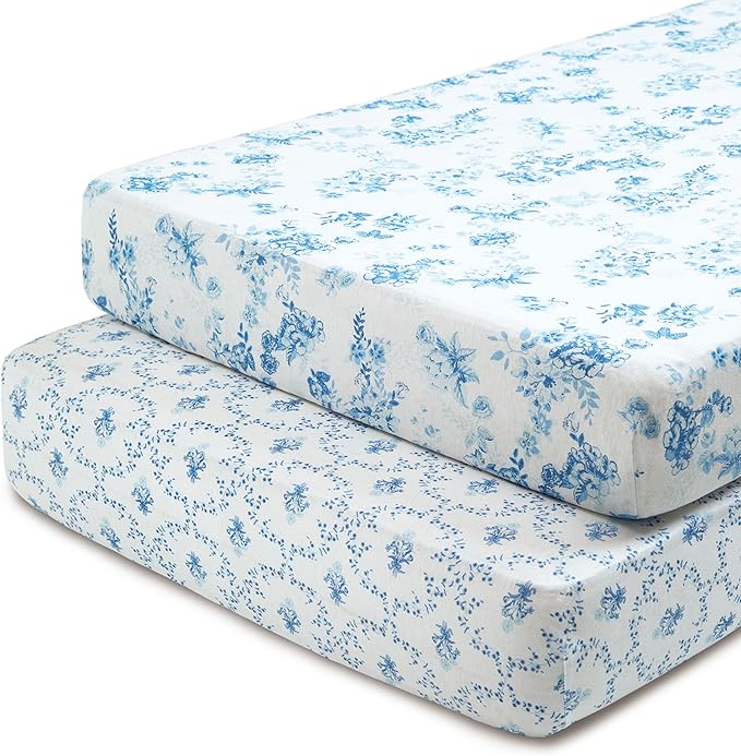 Delta Children Fitted Crib Sheets for Girls and Boys - 100% Organic Cotton Crib Sheet for Standard Crib and Toddler Mattresses - 28x52 Inch - GOTS Certified (Pack of 2), Blue Botanicals