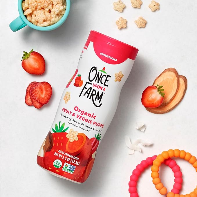Once Upon A Farm Strawberry, Coconut & Sweet Potato Puffed Sorghum Snack, Fruit & Veggie Puffs, Non GMO, 1.5 Ounces (Pack Of 6)