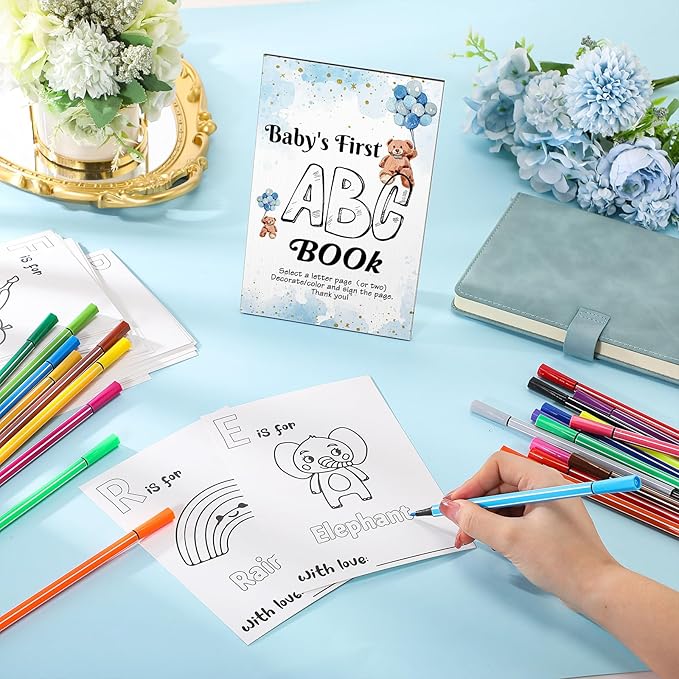 Geelin 51 Pcs Fun Baby Shower Game Activities First ABC Book Sign Coloring Game Card 26 Alphabet a to Z Coloring Card with 24 Watercolor Pen Storage Bag for Baby Shower Party(Blue Bear)