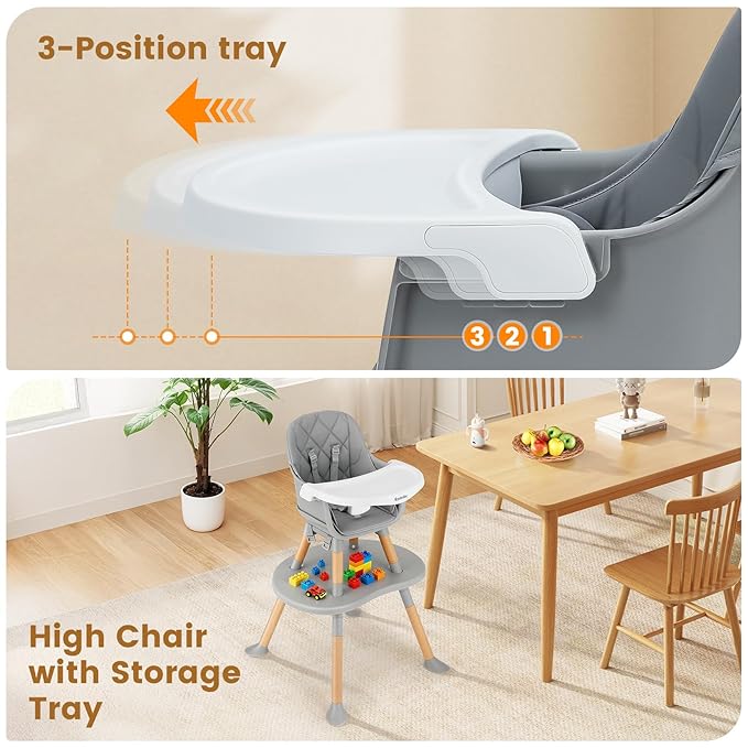 Ezebaby Baby High Chair, 8 in 1 Convertible High Chairs to Booster Seat/Toddler Chair/Table and Chair Set, Baby Feeding Chair with Adjustable Tray & PU Cushion(Grey)