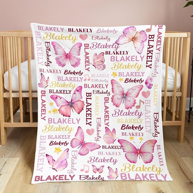 Personalized Baby Blanket for Girls Butterfly Custom Baby Blankets with Name Dotted Backing Customized Gifts for New Mom Customize Baby Blanket for Kids Newborn Birthday