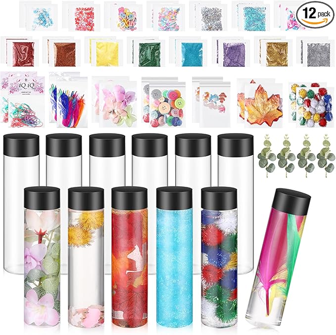 12 Pcs Sensory Bottles Kits for Kids 400 ml Plastic Bottles with Lids Glitter Sequins Accessories Seasons Containers for Relieving Toddlers 1-3 Kids Calm Down Anxiety Disturbed
