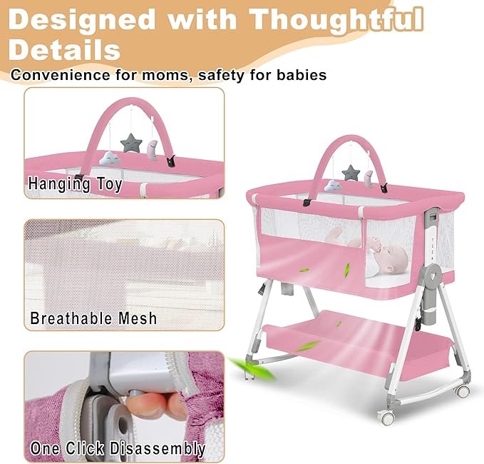 Baby Bassinet,3 in 1 Bedside Bassinet for Baby with Hanging Toys, Portable Foldable Baby Bassinets Bedside Sleeper,4-Sided Mesh Bedside Crib with Wheels and Storage Basket,6 Height Adjustable (Pink)