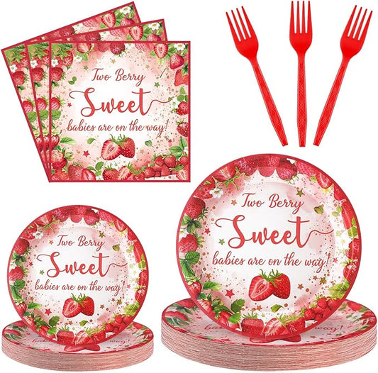 Zhehao 96 Pcs Twins Baby Shower Decorations Supplies Twins Cuties Baby Shower Tableware Set Eucalyptus Leaf Orange Strawberry Themed Plates Napkins Forks for 24 Guests (Strawberry)