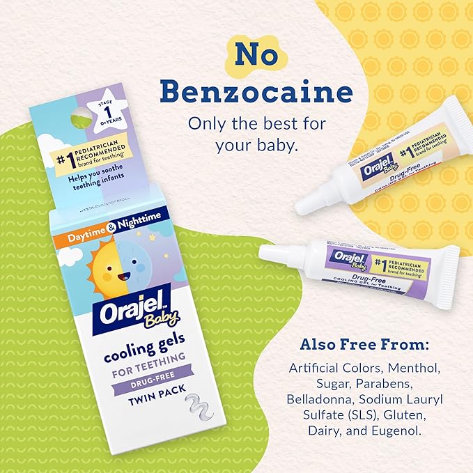 Orajel Baby Daytime & Nighttime Cooling Gels for Teething, Drug - Free, #1 Pediatrician Recommended Brand for Teething*, Two 0.18oz Tubes
