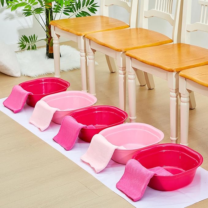 Patelai 6 Sets Kids Foot Spa Kit for Girl 12 x 12 x 4.3 Inch Foot Tub 14 x 30 Inch Hand Towels Washbasin Towels for Spa Party Sleepover Party Supplies (Pink, Rose Red)