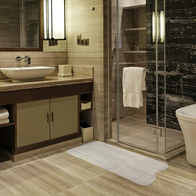 Linoows Bathtub and Shower Mats, Extra Long Non-Slip Bath Tub Mat 39 x 16 Inch, Machine Washable Bathmat with Suction Cups & Drain Holes for Bathroom Floor, Clear