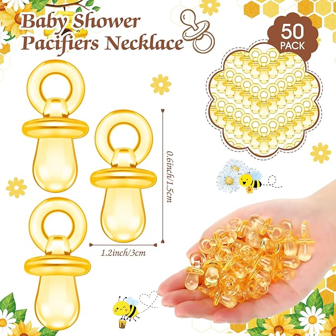 Thyle 51 Pcs Pacifier Hunt Baby Shower Games Include Hunt Sign and 50 Acrylic Pacifiers for Baby Shower Game Decoration Gift Sets Gender Reveal Party Decor(Bee)