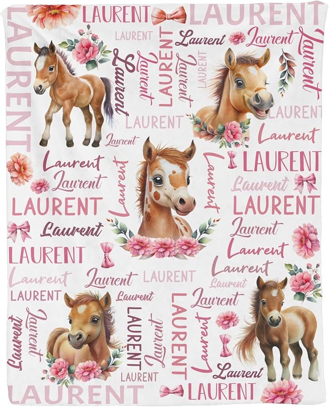 Personalized Baby Blanket for Girls Pink Pony Custom Baby Blankets with Name Dotted Backing Customized Gifts for New Mom Customize Baby Blanket for Kids Newborn Birthday (Pony)