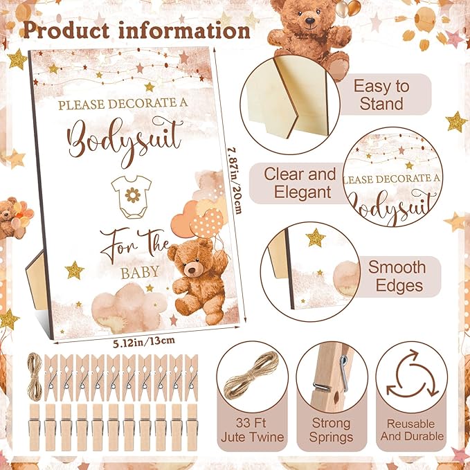 Panitay 126 Pcs Baby Shower DIY Bodysuit Set Rustic Kraft Baby Shower Game Sign DIY Bib 25 Blank White Newborn Bodysuit 25 Stencils 24 Marker 1 Sign 50 Pins for Gender Reveal(Bear)