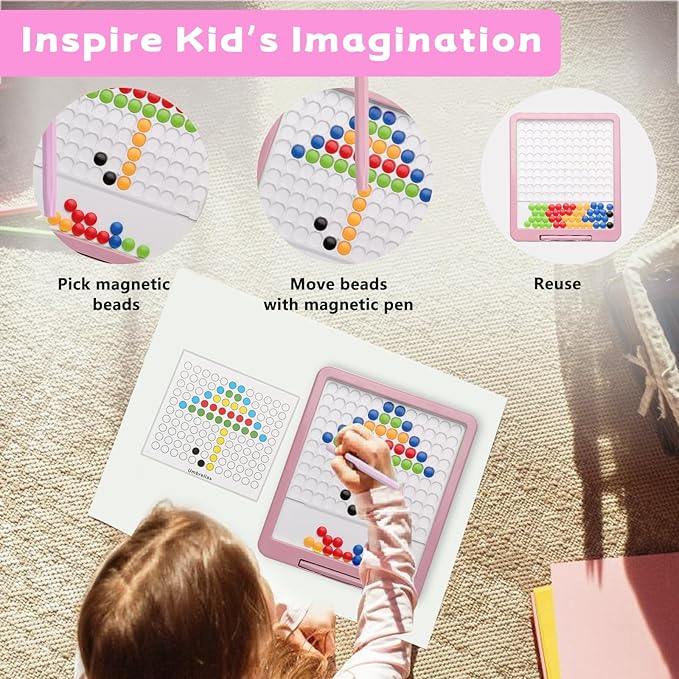 Magnetic Drawing Tablet, Magnetic Doodle Board for Kids with Dot Beads and Pattern Book, Montessori Educational Travel Toy for Boys and Girls 3 4 5 6 Years Old (Pink)