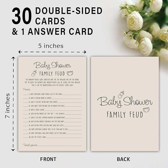 Baby Shower Family Feud Game - 30 Cards, Answer Key, Gender Neutral Decorations for Boy & Girl - Light Brown