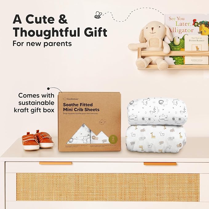 2-Pack Mini Crib Sheets Fitted - 38x26 Pack N Play Sheets for Pack and Play Mattress, Organic Cotton, Soft & Breathable Playard Bedding, Neutral Mini Toddler Bed Cover for Boys, Girls (KeaSafari)