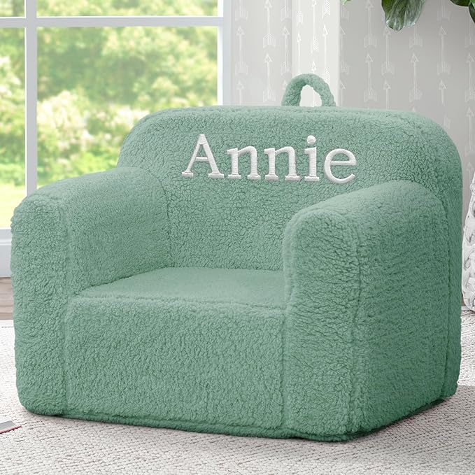 Delta Children Personalized Sherpa Cozee Chair - Customize with Name – Foam Kids Chair for Ages 18 Months and Up, Sage
