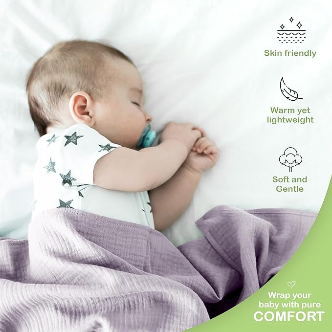 Organic Cotton Muslin Baby Blanket - 47x47 Inch Breathable Swaddle, Hypoallergenic Double-Layer, Versatile Use (Light Pink/Light Purple, 47x47 Inch)