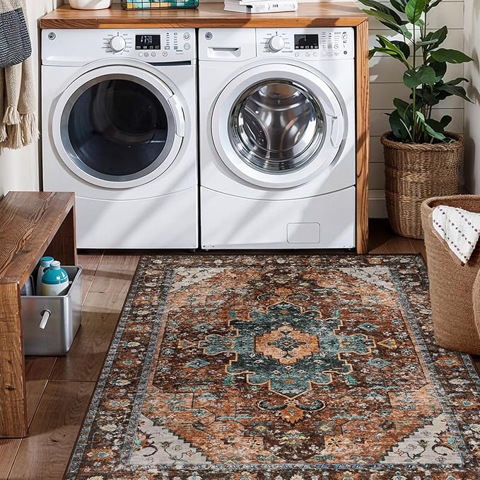 Ciicool Boho Area Rug 3x5ft Washable Bedroom Rug Non-Slip Oriental Entryway Throw Rug Low-Pile Indoor Floor Carpet for Living Room Laundry Foyer Decor (Brick Red/Dull Teal)