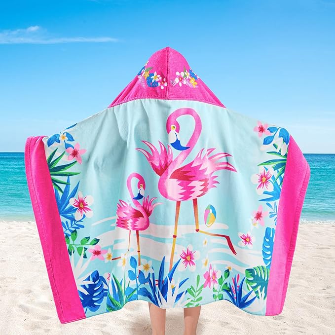 VOOVA & MOVAS Flamingo Hooded Towels for Girls Age 3-10, 30''X50, Soft | Thick |100% Cotton | Absorbent Wrap Towel, Perfect for Beach, Pool, Bath, Swim, Tropical Flamingo