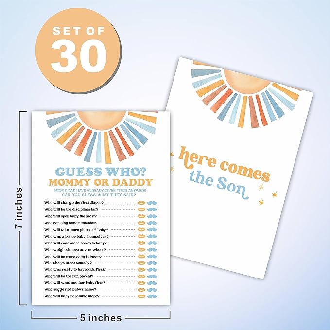 Sunshine Guess Who? Baby Shower Game Kit - Retro Here Comes The Sun - 30 Double-Sided Fill In Game Cards For Baby Shower, Gender Reveal Party Favor, Activity & Supplies - A04
