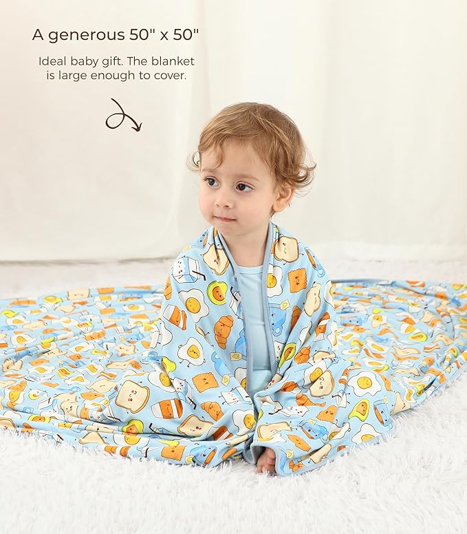 Premium Baby Blanket, Stretchy Quilt for Kid, Soft Crib Bedding for Newborn Baby and Toddler, Nursery Blanket for Boys and Girls, Viscose Made from Bamboo, 50'' x 50'' Blue Breakfast