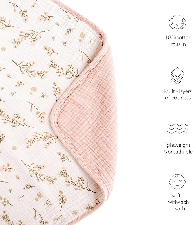 Konssy Muslin Baby Blankets for Girls Boys, 100% Cotton Crib Blanket for Infant Toddler, Super Soft and Lightweight Nursery Swaddling Wrap 40"x36" (Floral)