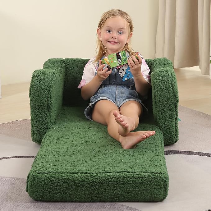 Kids Chairs for Toddler, 2-in-1 Toddler Soft Sherpa Couch Fold Out, Convertible Sofa to Lounger for Girls and Boys, Christmas Decor, Green