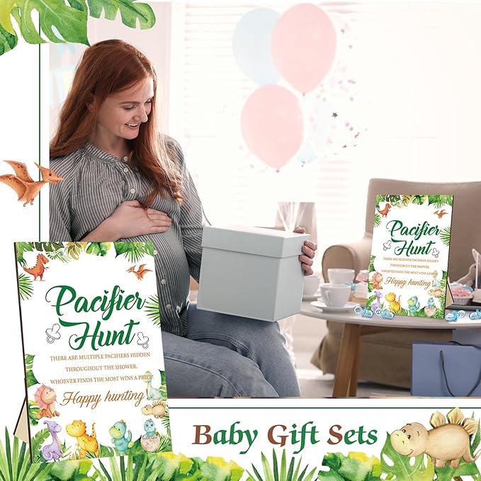 Thyle 51 Pcs Pacifier Hunt Baby Shower Games Include Hunt Sign and 50 Acrylic Pacifiers for Baby Shower Game Decoration Gift Sets Gender Reveal Party Decor(Dinosaur)
