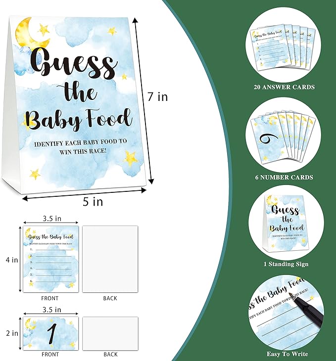 Baby Shower Game Set, Find The Baby Food Party Games(1 Standing Sign + 20 Answer Cards + 6 Number Cards), Moon and Stars Shower Games, Sleepover Gender Reveal Party Favor(A06)
