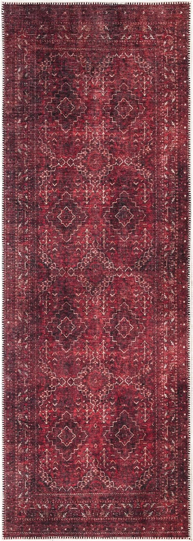 Bloom Rugs Washable Non-Slip 12 ft Runner - Dark Red Traditional Bordered Runner for Entryway, Hallway, Bathroom, and Kitchen - Exact Size: 2.5' x 12'