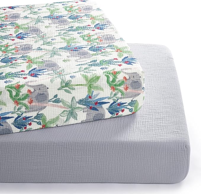 TILLYOU Muslin Crib Sheets for Boys and Girls 2 Pack, Neutral Soft Cotton Baby Crib Mattress Protector, for 52x 28 Toddler Bed, Rainforest Elephant & Grey
