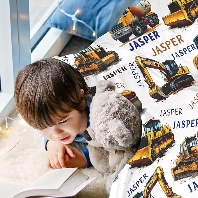 Ship Next Day, Personalized Truck Blanket - Printed in USA, Custom Name Blankets for Kids with Engineering Vehicle, Home Bedding Bed Decor, Fun Birthday Gift for Boys&Girls Women Man