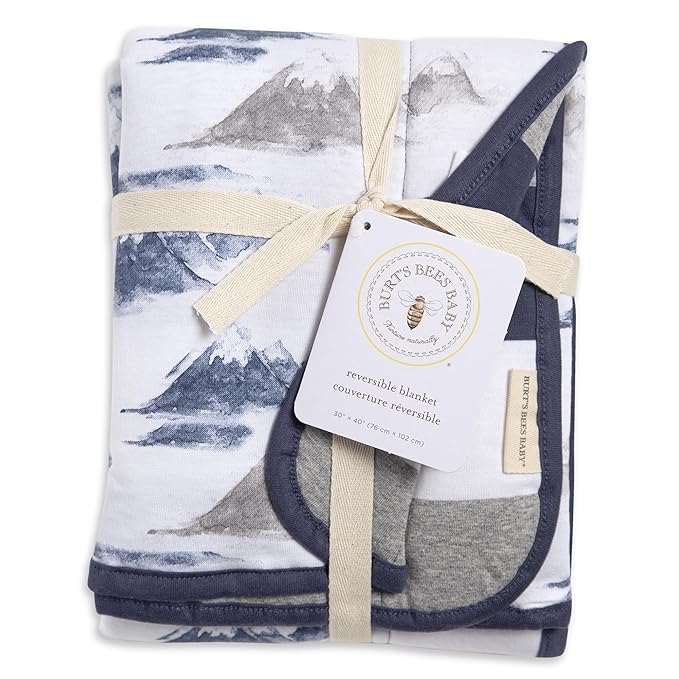 Burts Bees Baby Infant Reversible Blankets 100% Organic Cotton GOTS Certified - Watercolor Mountains Prints with Quilting Pattern Soft Nursery Blanket with 100% Polyester Fill for Size 30 x 40 Inch
