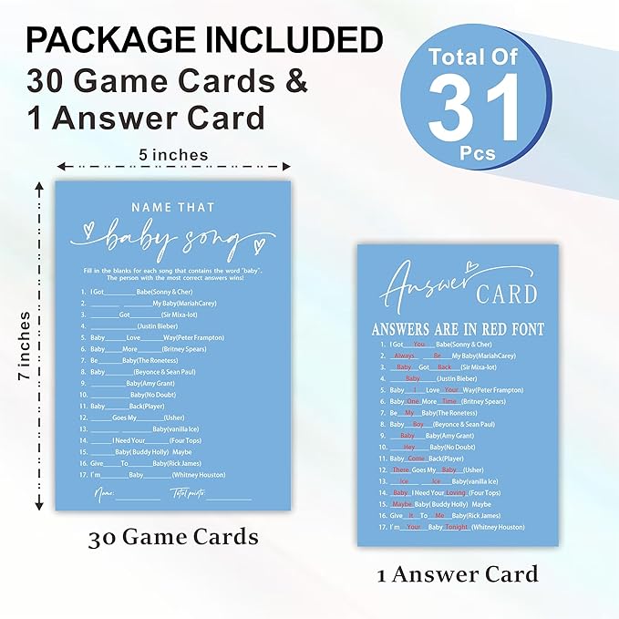 Name That Baby Song Baby Shower Game Cards - Minimalism Blue - 30 Double-Sided Fill In Style Game Cards With Answer Card, Gender Reveal, Baby Announcement, Party Games & Activity - C15